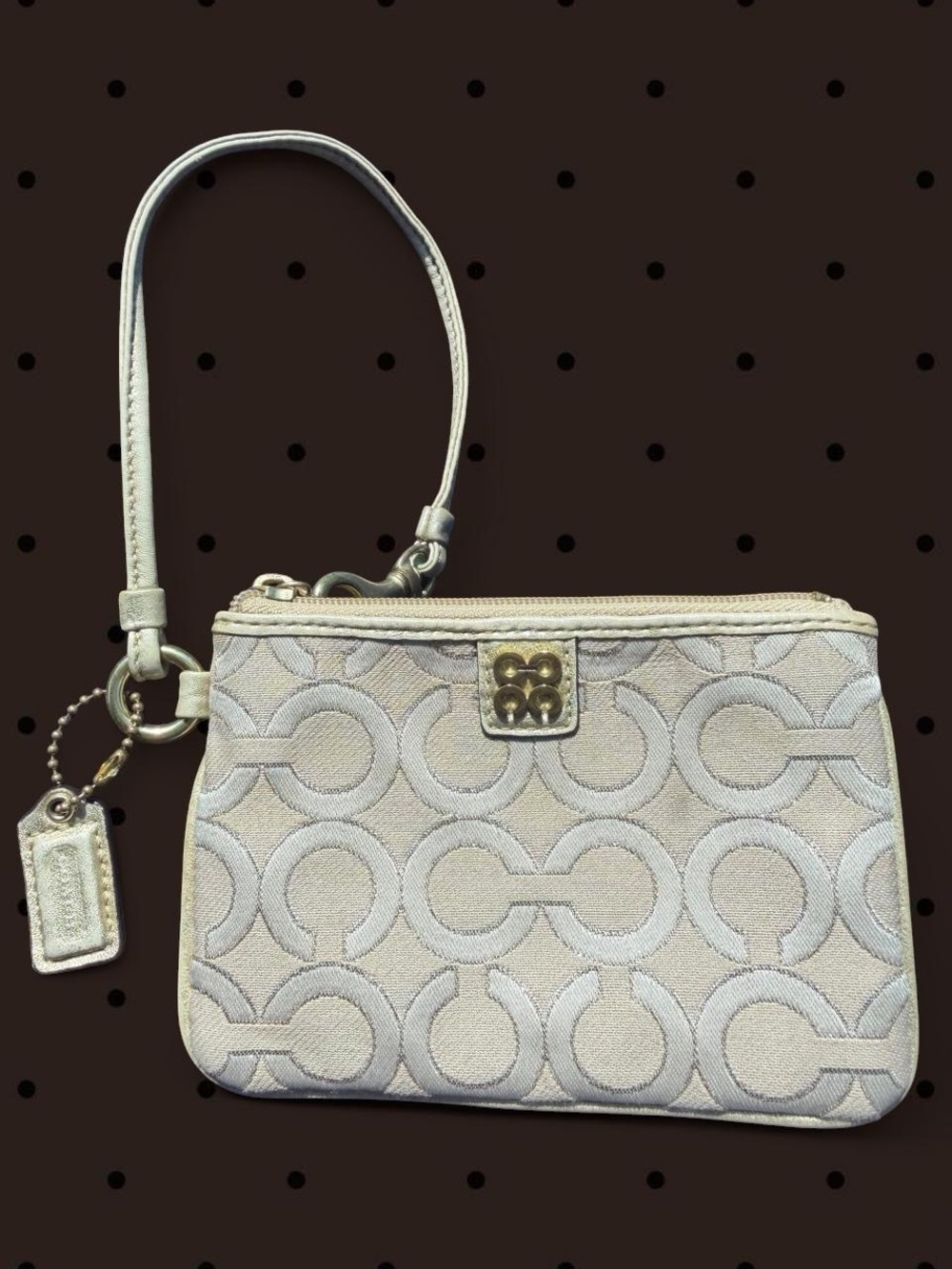 Coach Beige Signature Wristlet with Gold-Tone Trim